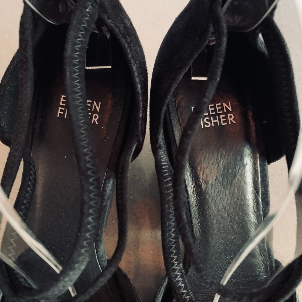 Eileen Fisher sz 10 Tilda Black Suede Rear Zip Stacked Heel Pumps Wedges Straps - Picture 8 of 11